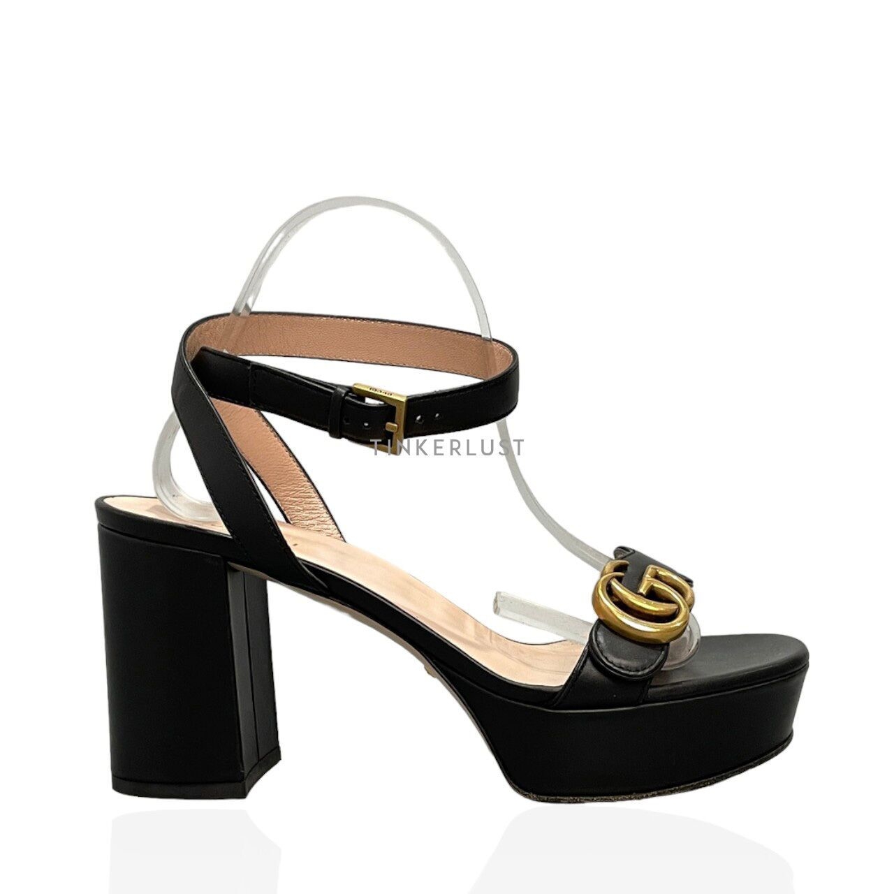 Gucci GG Marmont Leather Black Platform Ankle Strap Block Heels