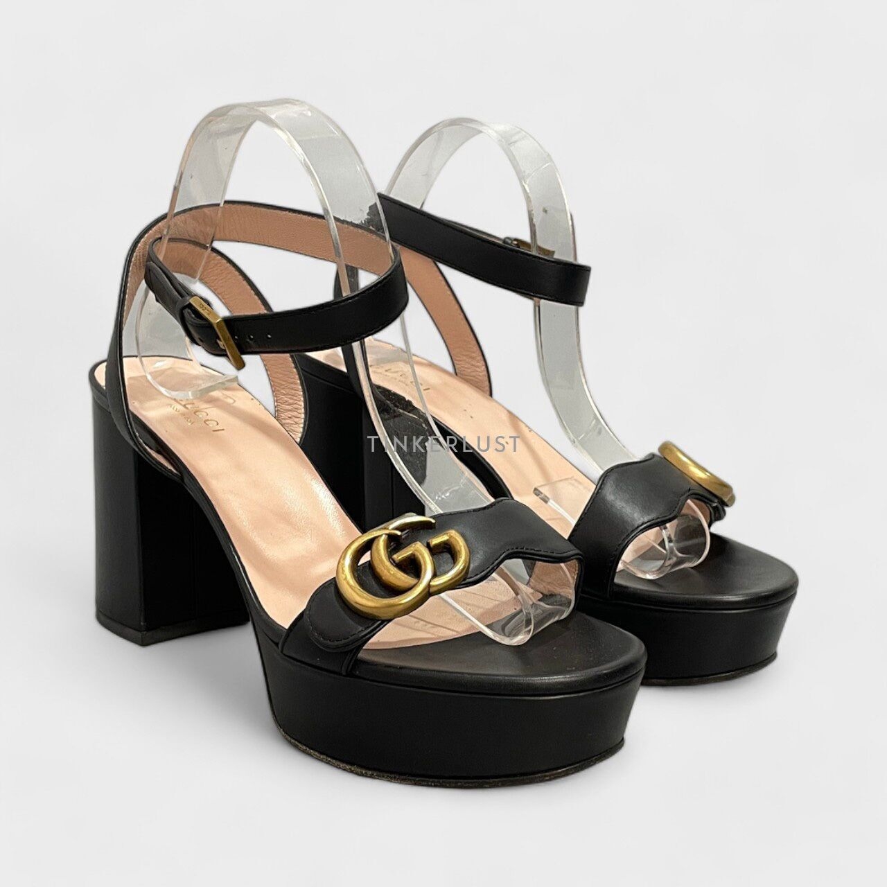 Gucci GG Marmont Leather Black Platform Ankle Strap Block Heels