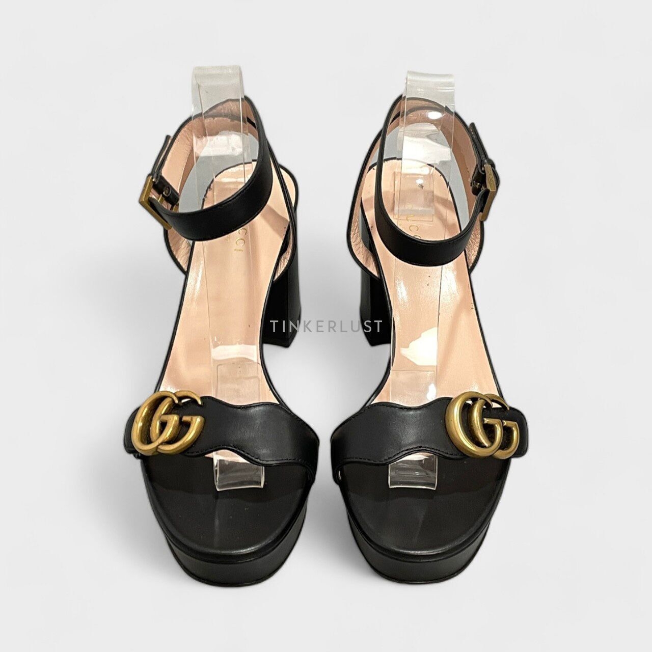 Gucci GG Marmont Leather Black Platform Ankle Strap Block Heels