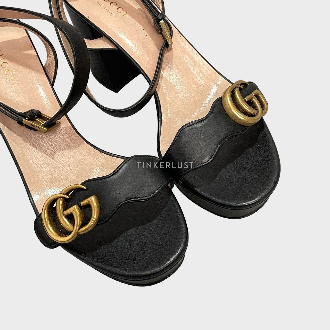 Gucci GG Marmont Leather Black Platform Ankle Strap Block Heels