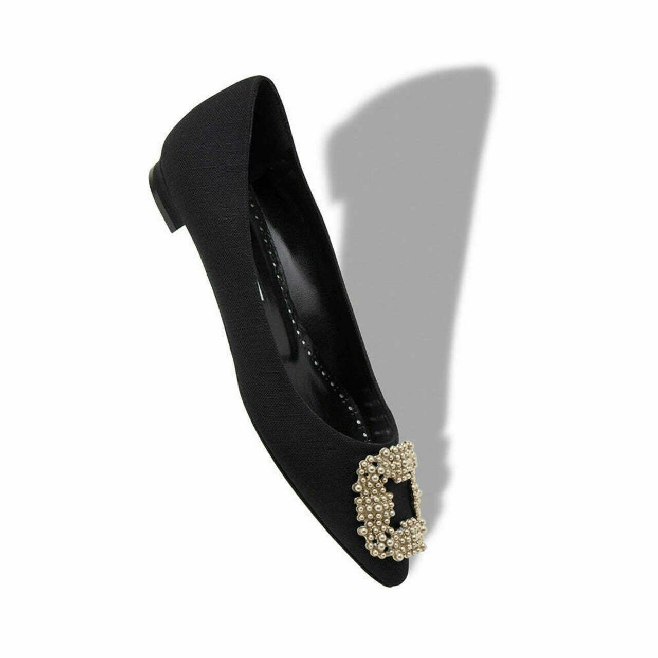 Manolo Blahnik Hangisi Flat Linen with Pearl Buckle Black