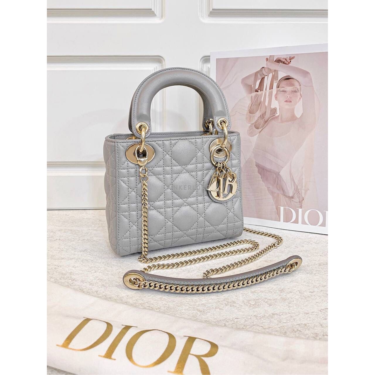 Christian Dior Lady Dior Mini Grey GHW 2021 Satchel Bag