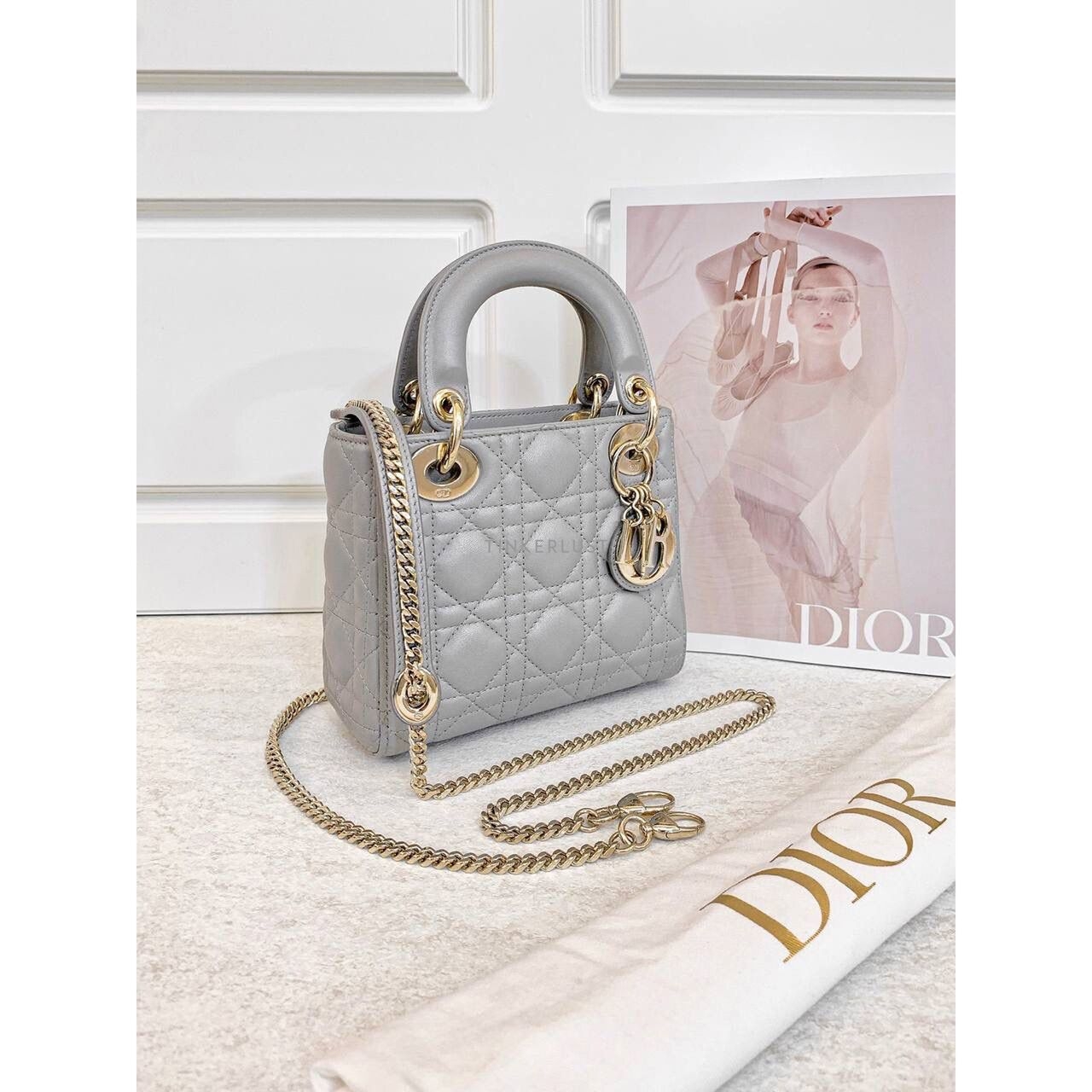 Christian Dior Lady Dior Mini Grey GHW 2021 Satchel Bag