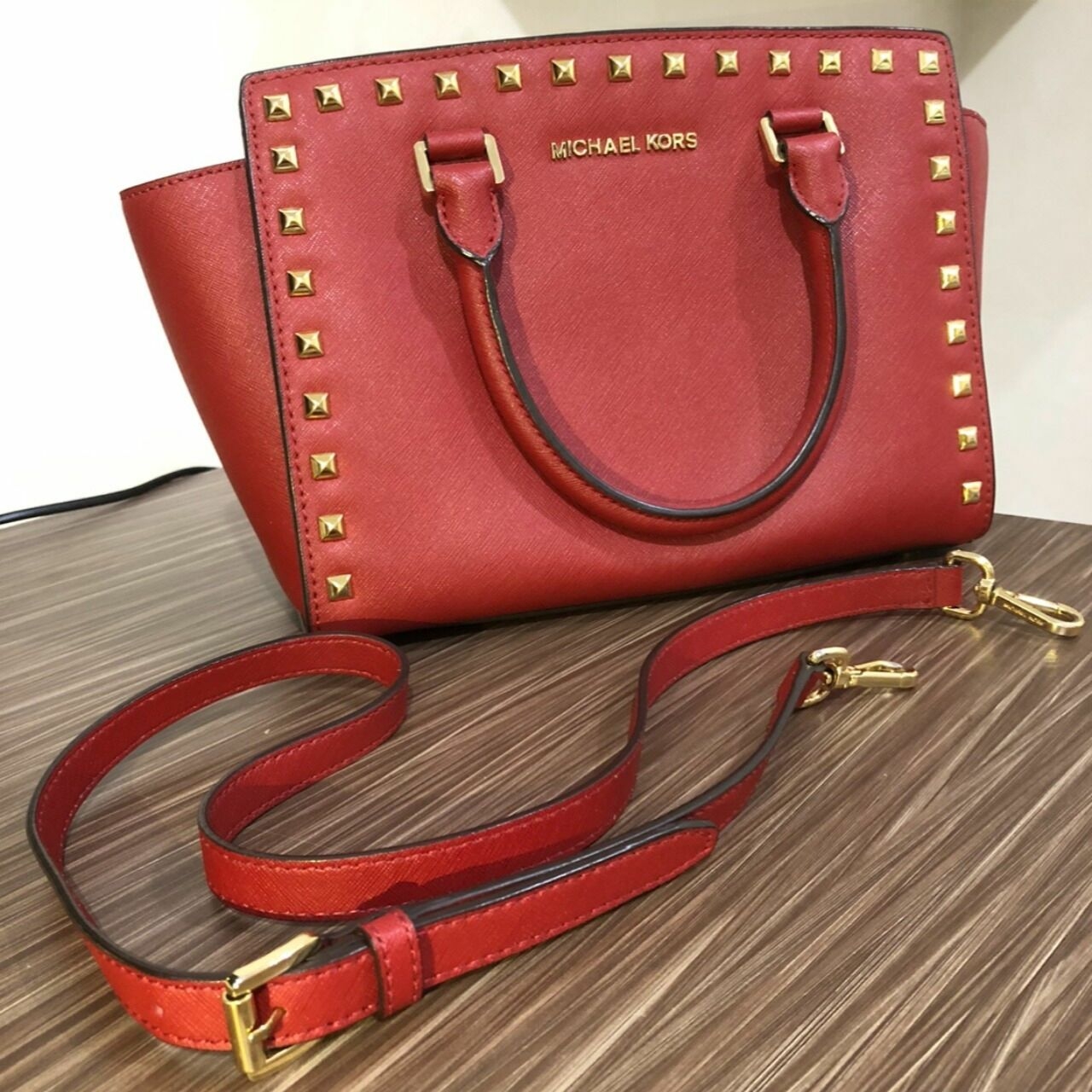 Michael Kors Selma Studded Saffiano Leather Satchel Red