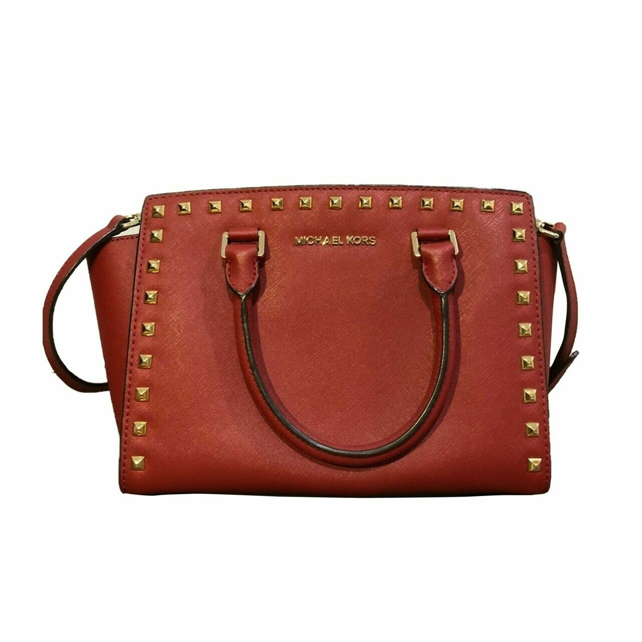 Michael Kors Selma Studded Saffiano Leather Satchel Red