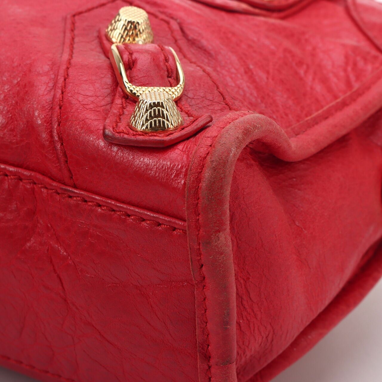 Balenciaga Rouge Cardinal Lambskin Leather Giant 12 Red Motorcycle Mini City Satchel Bag