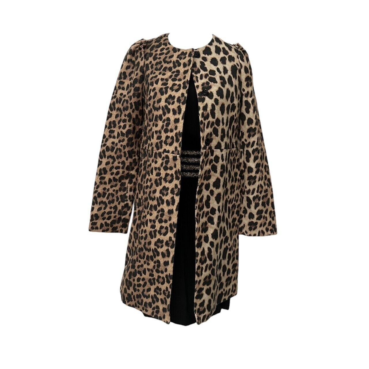 Zara Leopard Snap Front Collarless Animal Print Coat