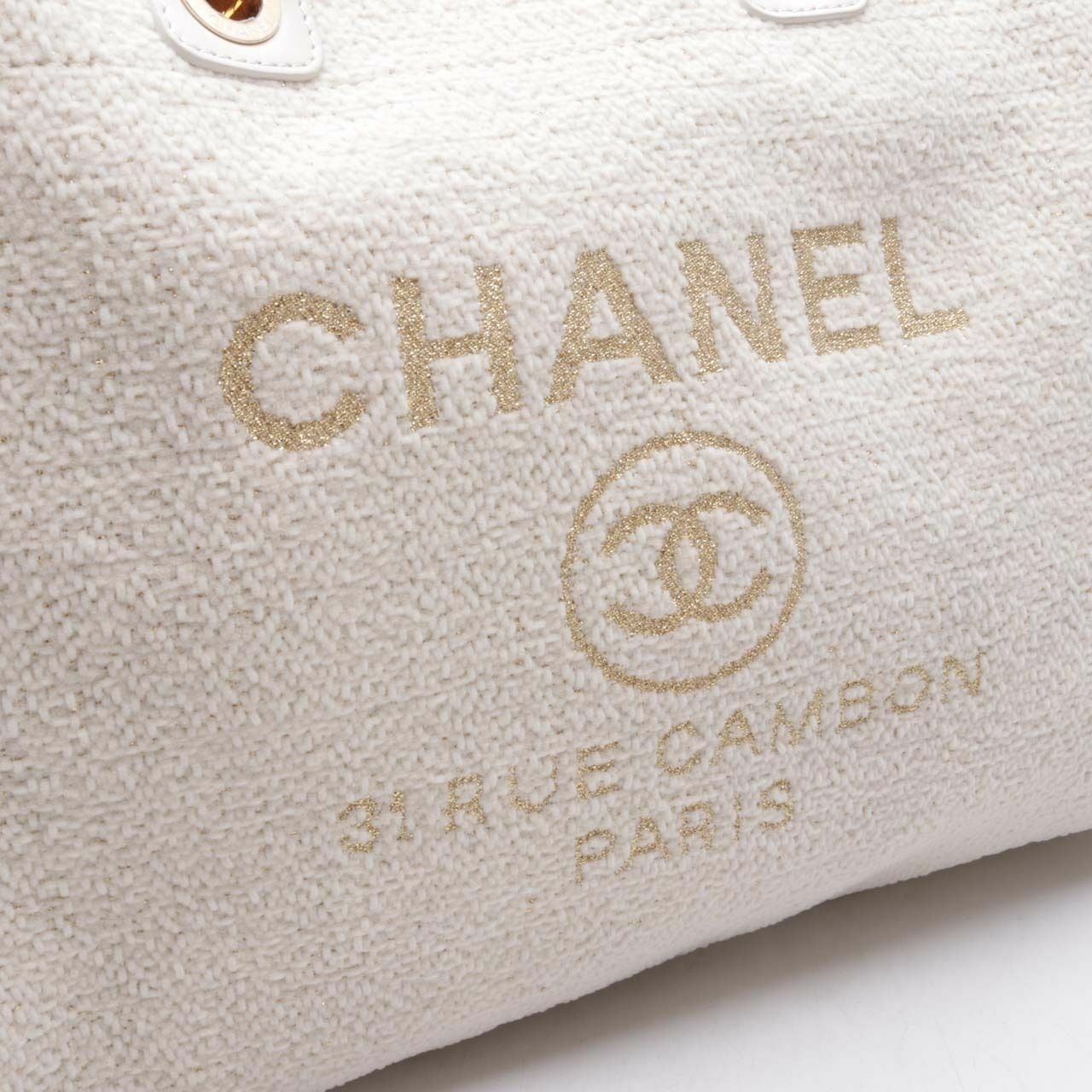  Chanel Deauville Canvas Gold-tone White Tote Bag