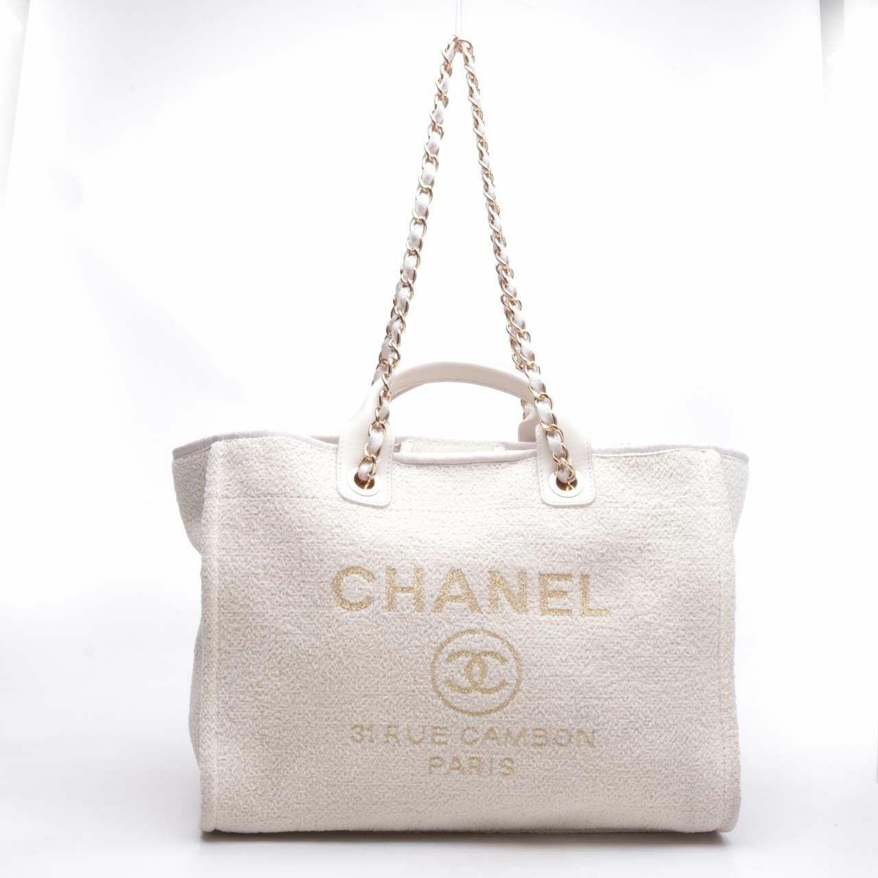  Chanel Deauville Canvas Gold-tone White Tote Bag