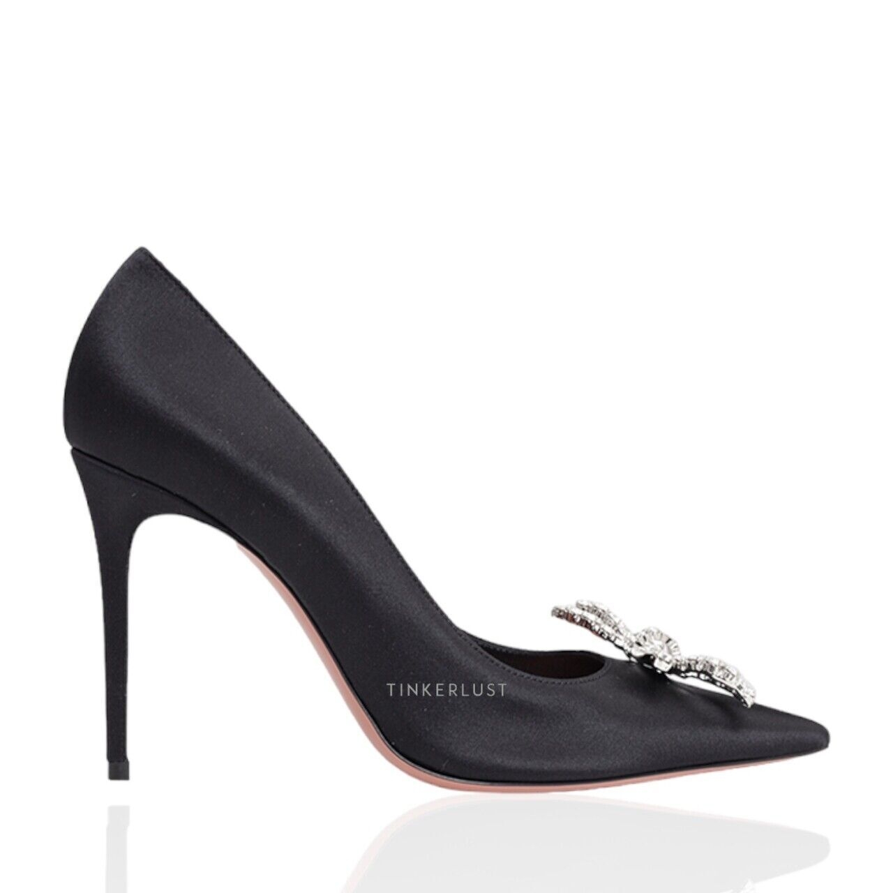 Amina Muaddi Rosie Pumps 95mm Black Satin Crystal Bow Heels