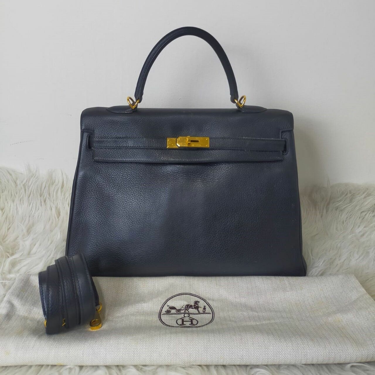 Hermes Kelly 35 Black Clemence GHW #K Satchel