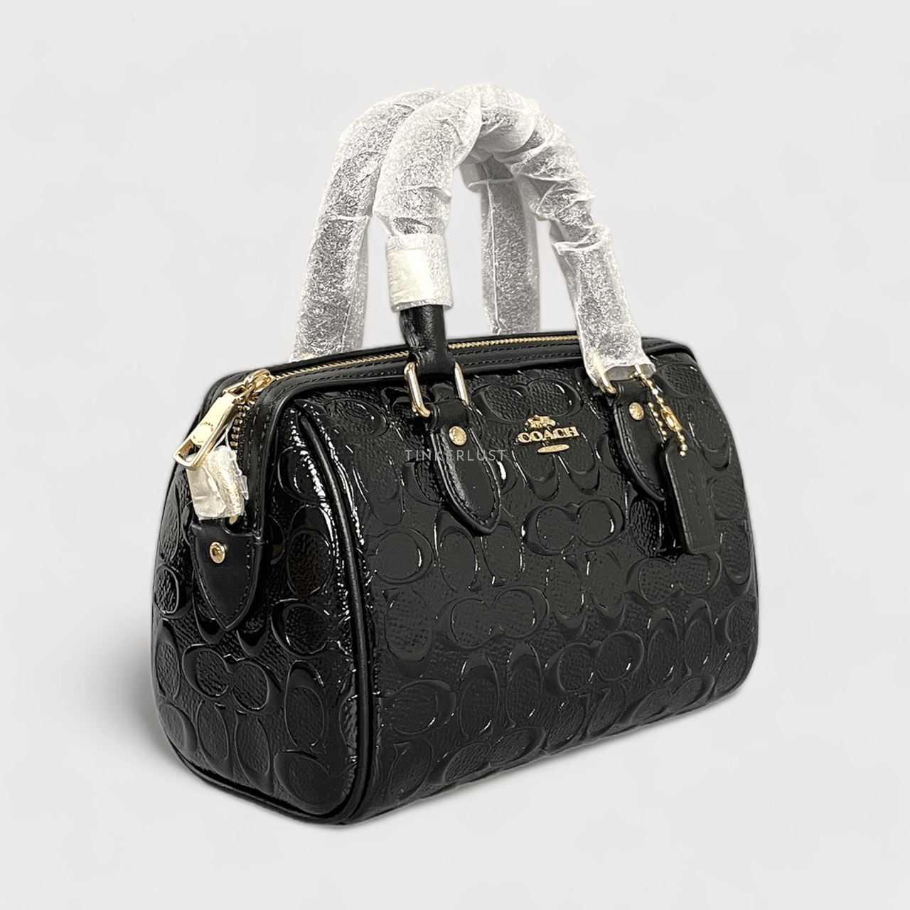 Coach Mini Rowan Black Monogram Patent Satchel