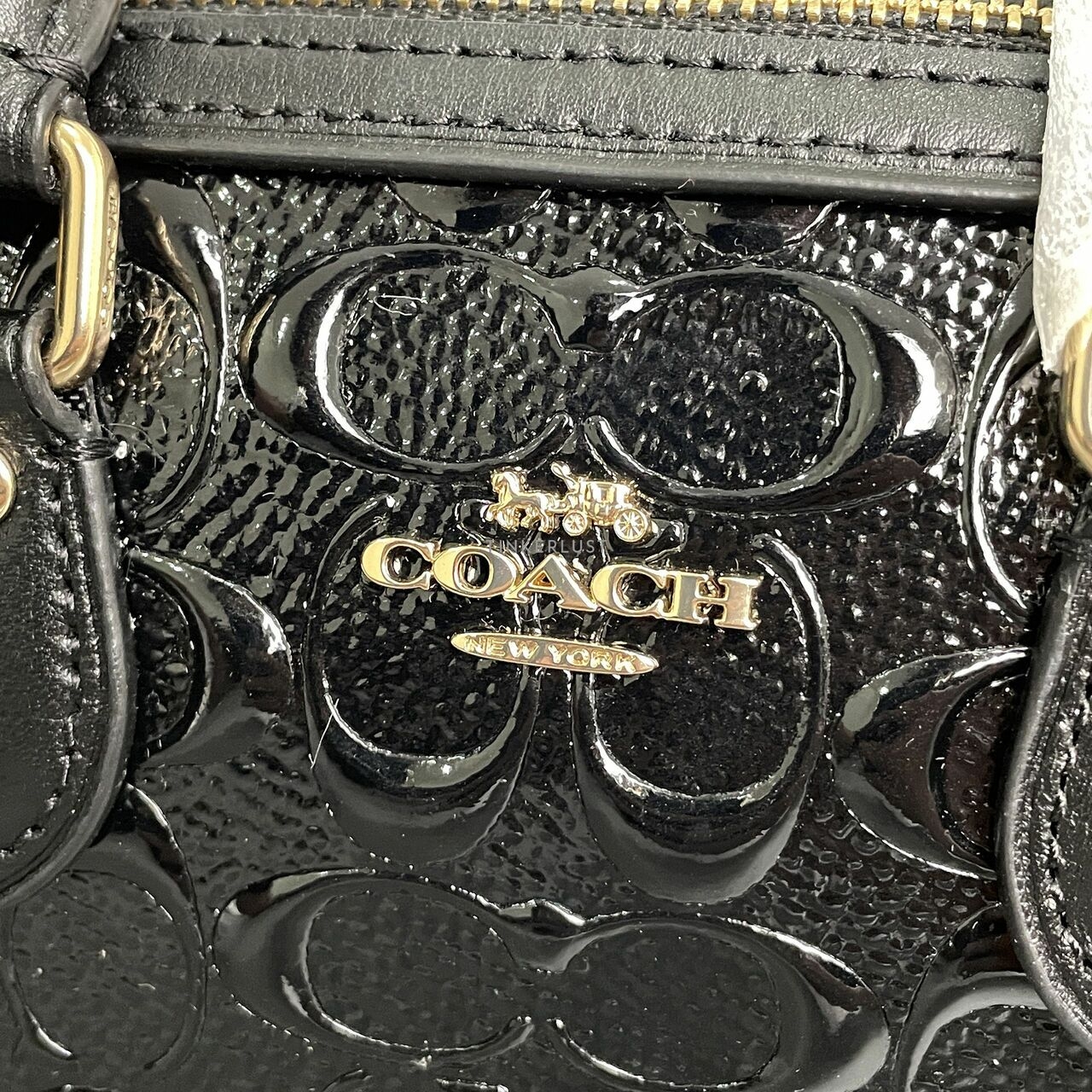 Coach Mini Rowan Black Monogram Patent Satchel