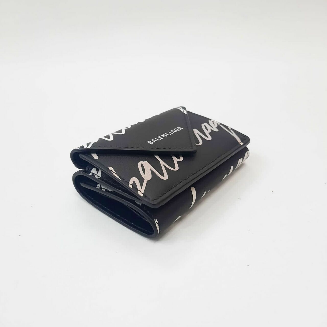 Balenciaga Mini Wallet Triple Folded Black Logo Signature