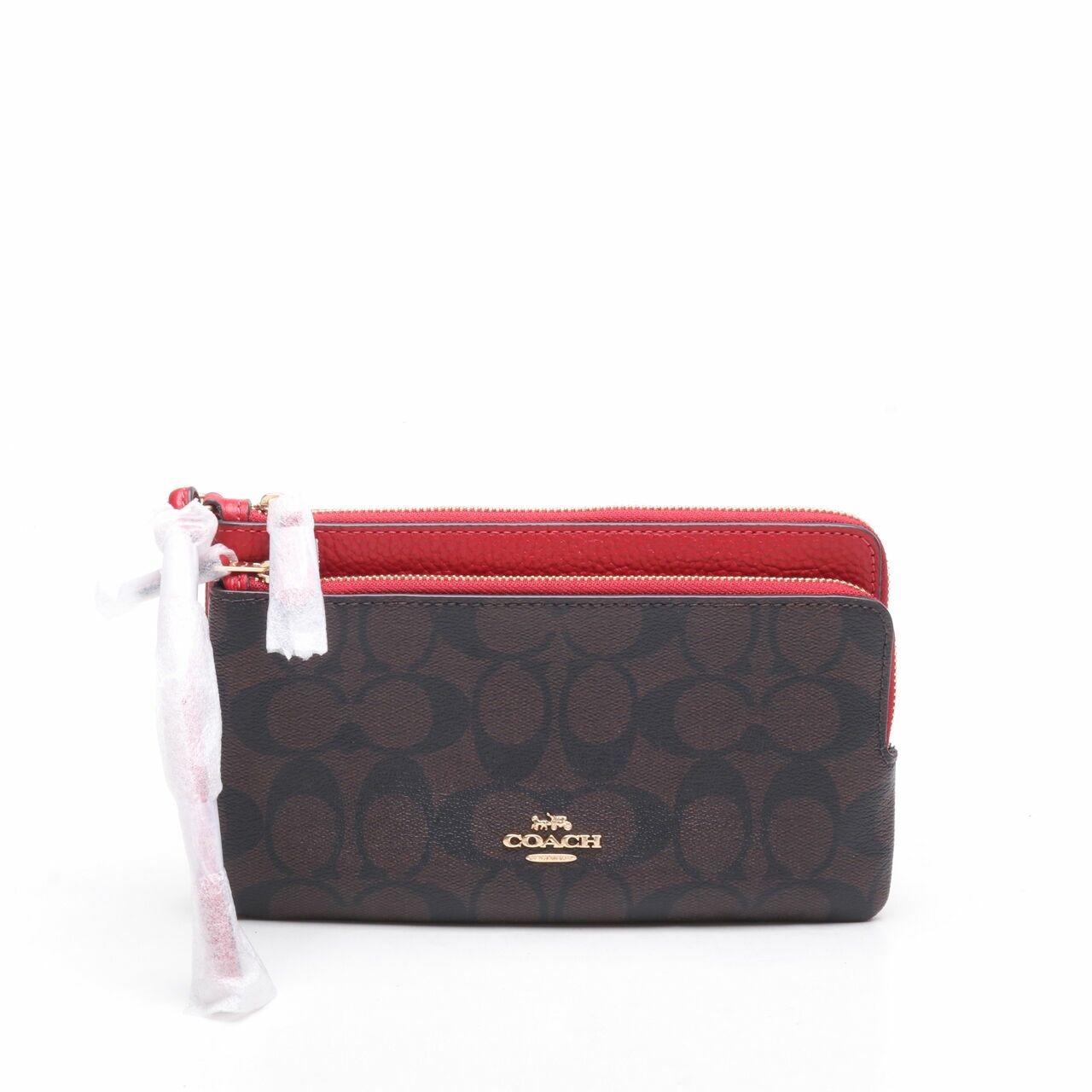 Coach C5576 Signature PVC Double Zip Wallet Brown 1941 Red Wallet