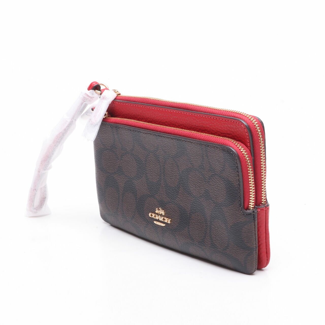 Coach C5576 Signature PVC Double Zip Wallet Brown 1941 Red Wallet