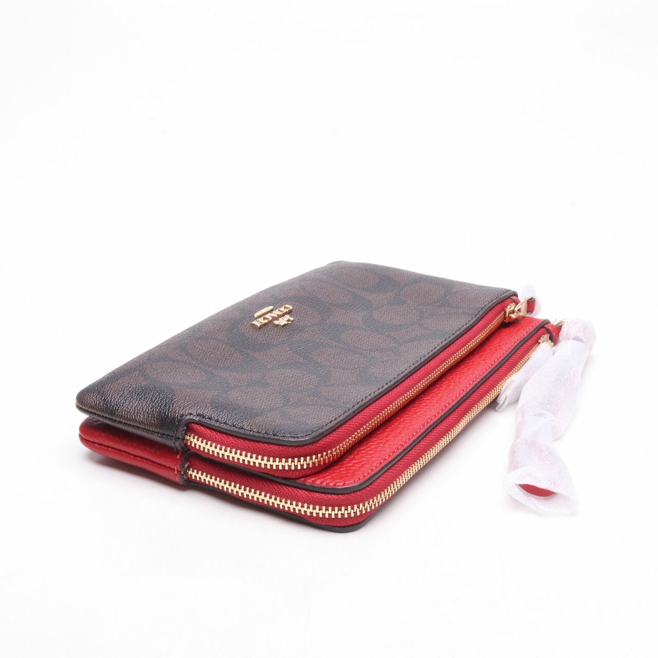 Coach C5576 Signature PVC Double Zip Wallet Brown 1941 Red Wallet