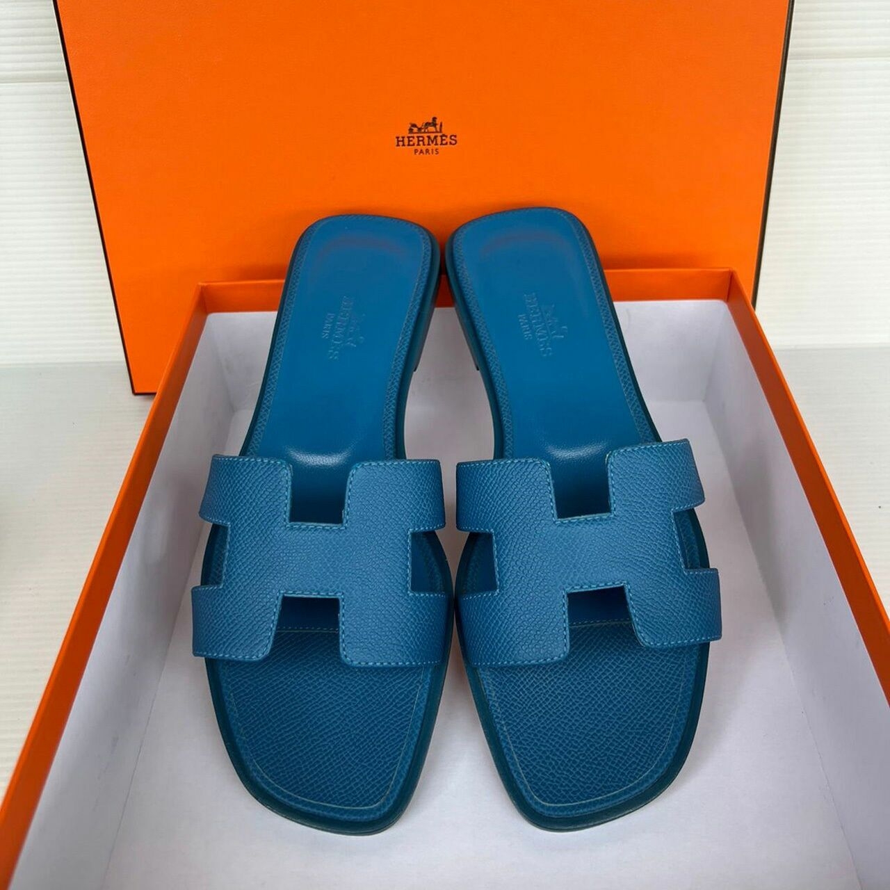 Hermes Oran Epsom Blue Sandals