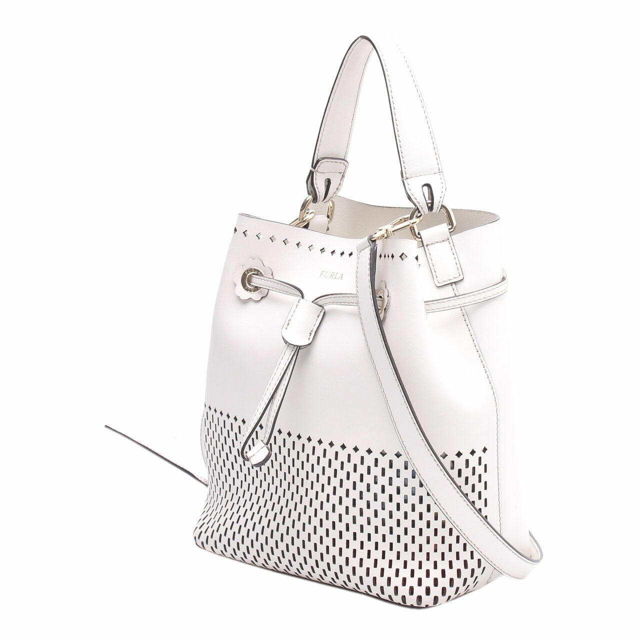 Furla Stacy Mini Laser Cut Off White Leather Bucket Satchel