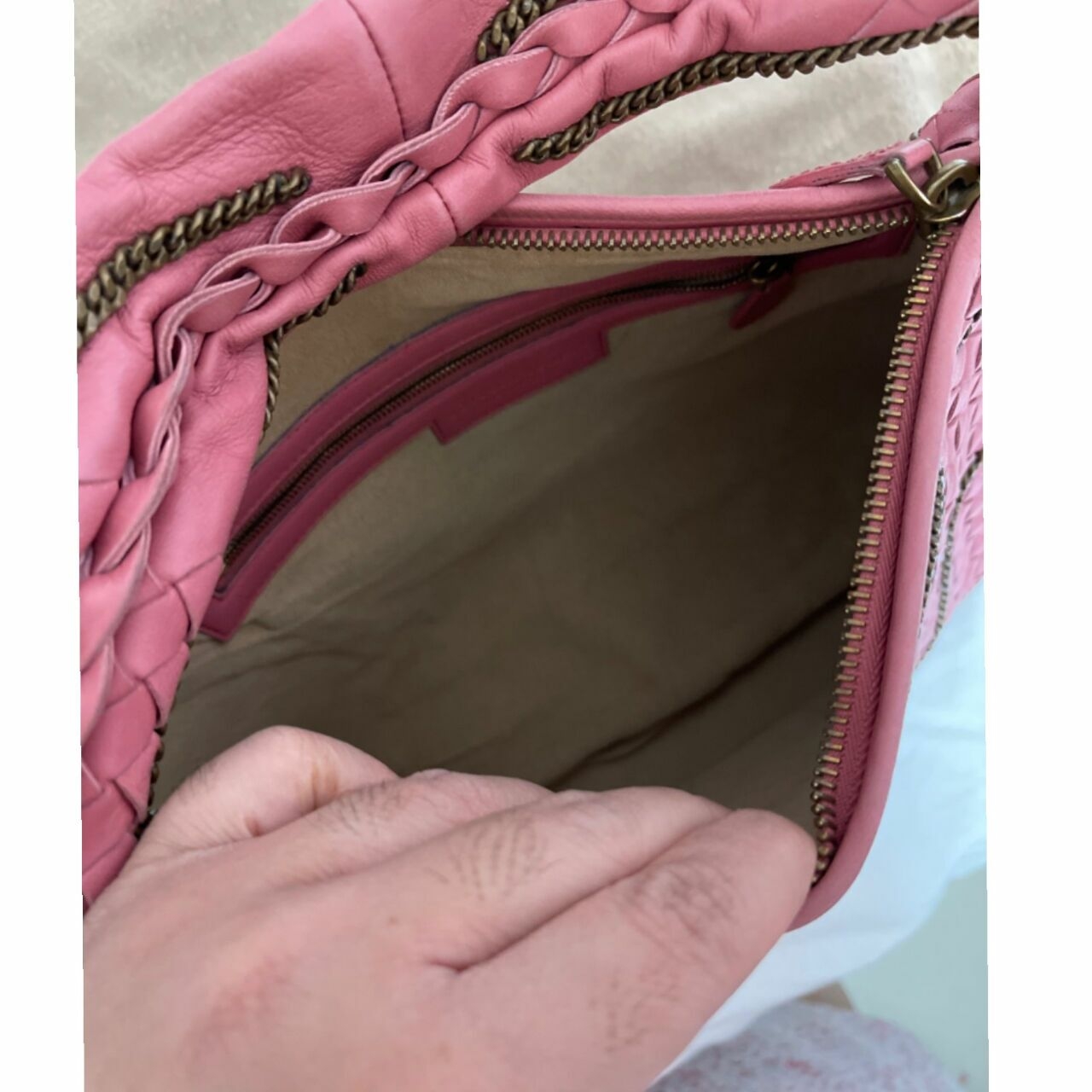 Bottega Veneta Pink Intrecciato Chain Hobo Bag