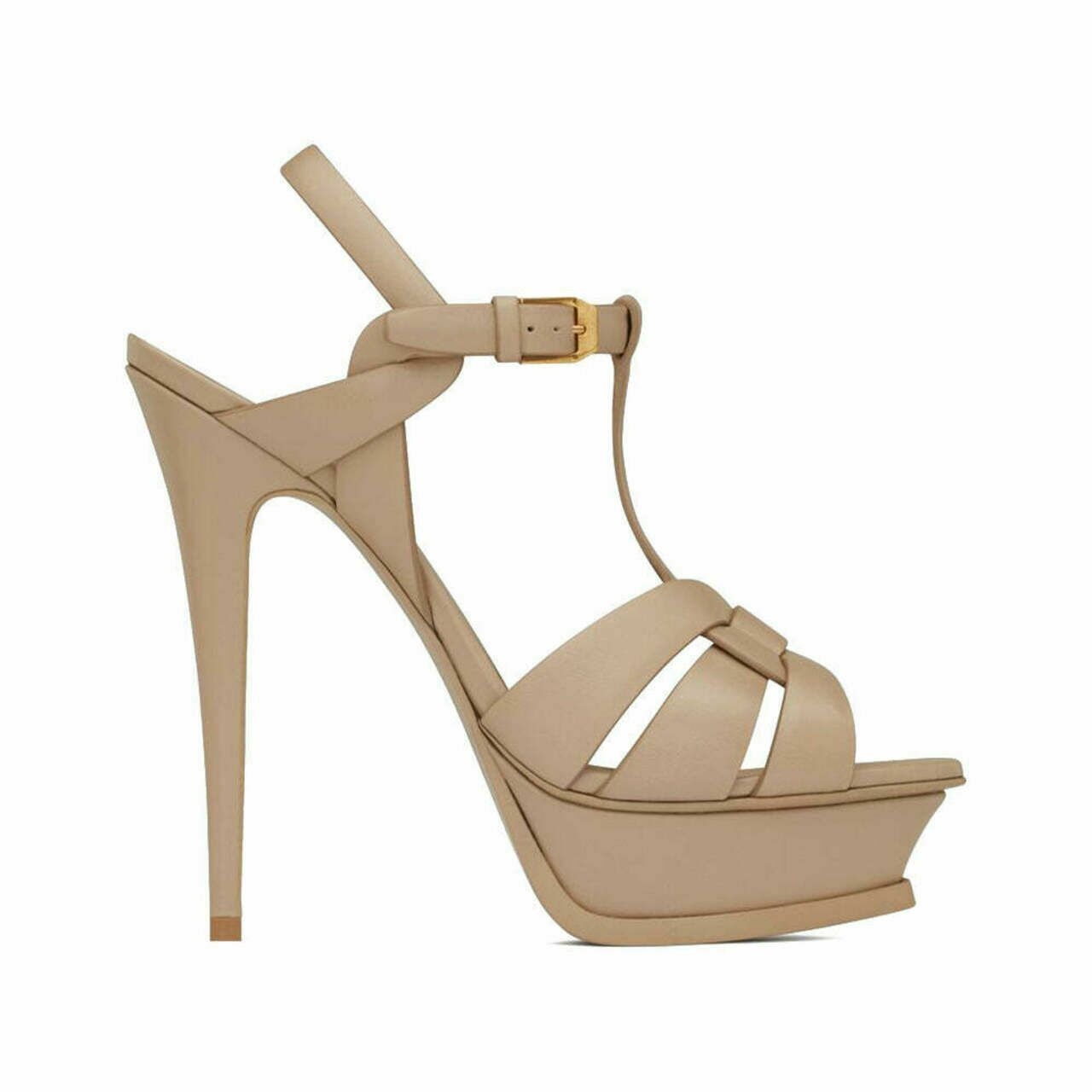 Saint Laurent Tribute Smooth Leather 13.5 cm Platform Sandal Dark Beige