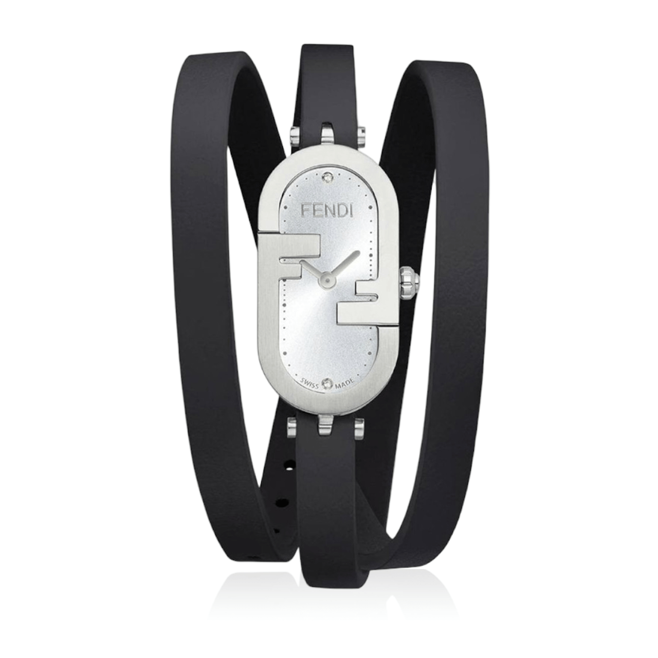 Fendi O Lock Vertical Watch Silver Finish with 3 in set Diamond in Black Leather Strap