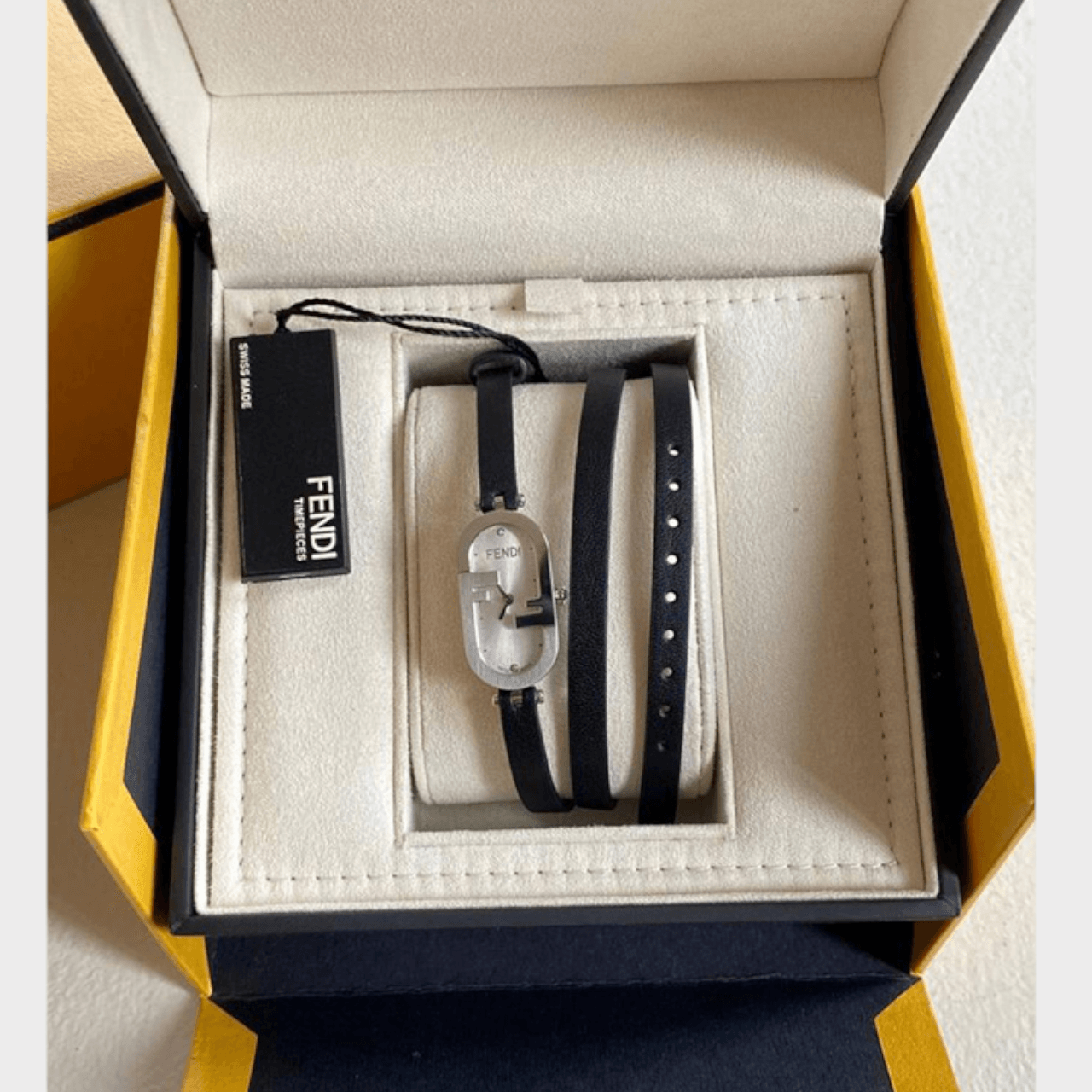 Fendi O Lock Vertical Watch Silver Finish with 3 in set Diamond in Black Leather Strap