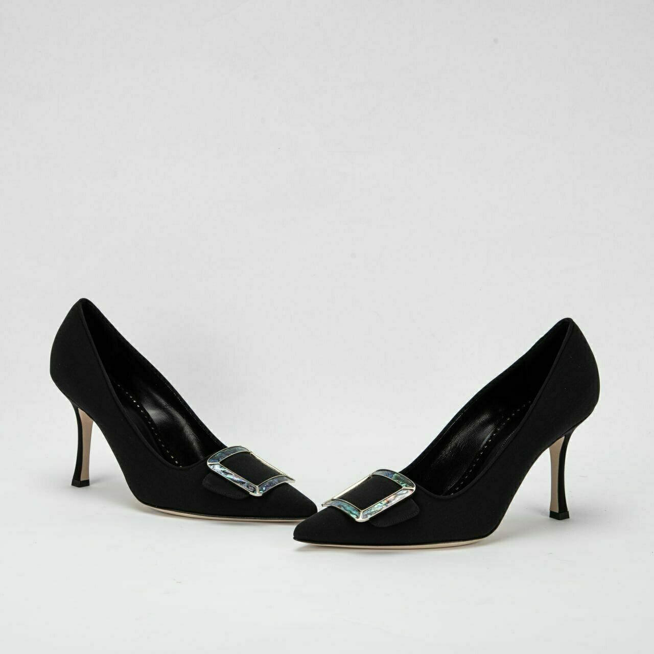 Manolo Blahnik Black Maysale Pump 9cm Crepe de Chine Jewel Buckel Heels