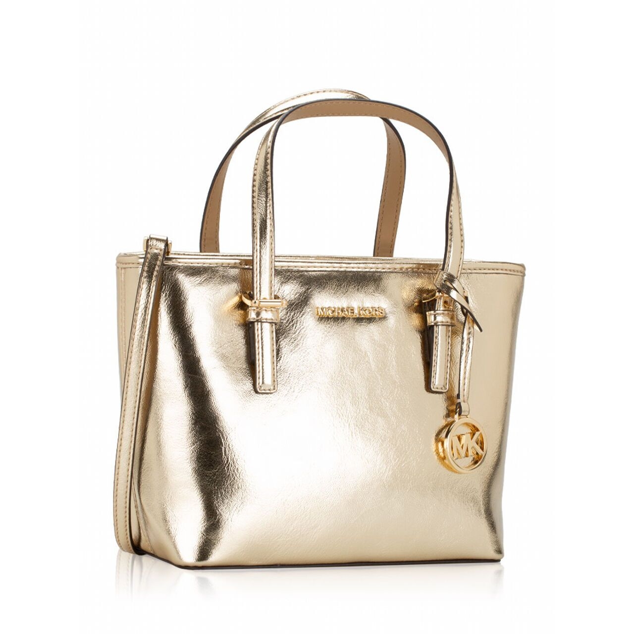 Michael Kors Jet Set Travel Metallic Leather Xs Zip Carryall Pale Gold