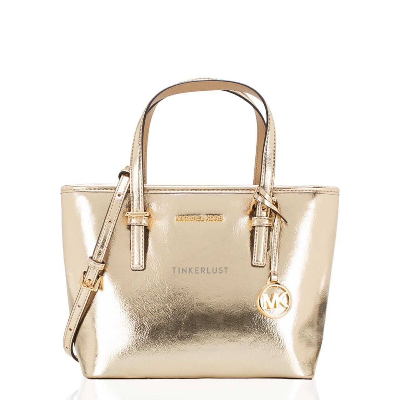 Michael Kors Jet Set Travel Metallic Leather Xs Zip Carryall Pale Gold