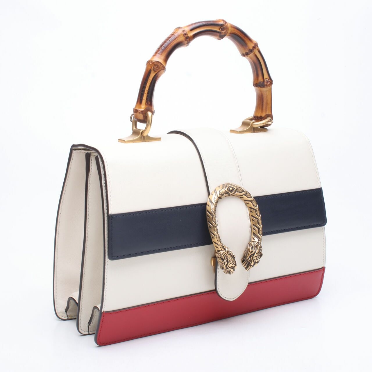 Gucci White/Blue/Red Striped Leather Dionysus Medium Top Handle Satchel