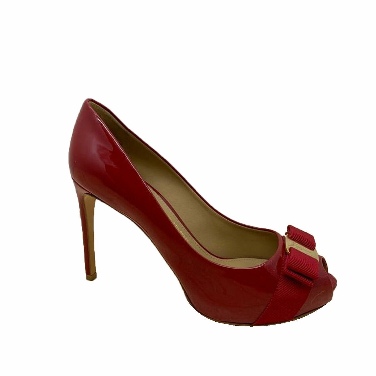 Salvatore Ferragamo Red Patent Vara Bow Peep-toe Heels