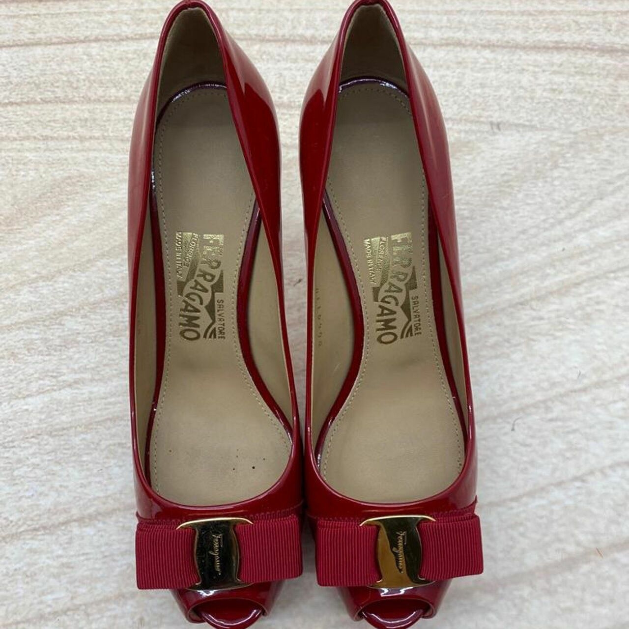 Salvatore Ferragamo Red Patent Vara Bow Peep-toe Heels