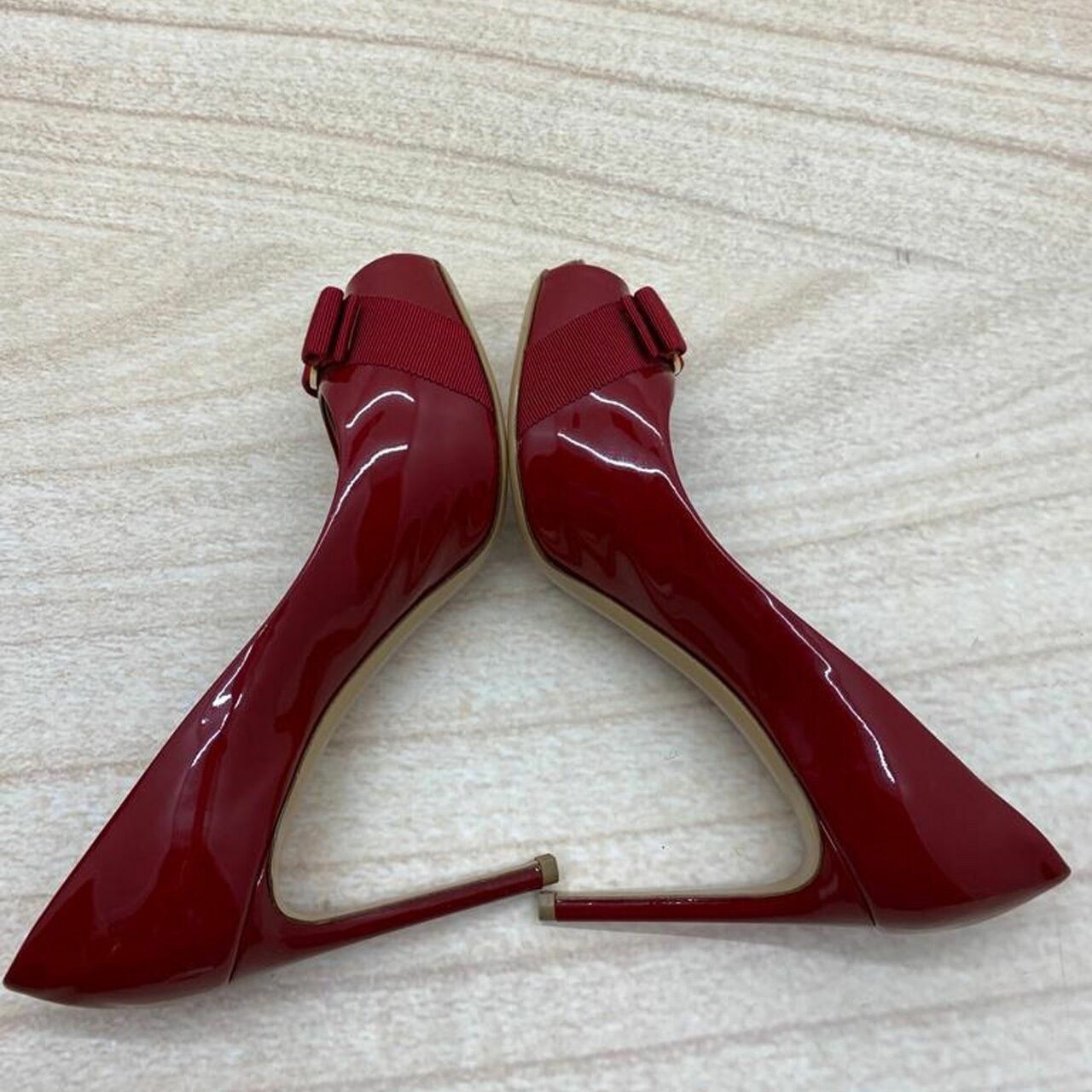 Salvatore Ferragamo Red Patent Vara Bow Peep-toe Heels