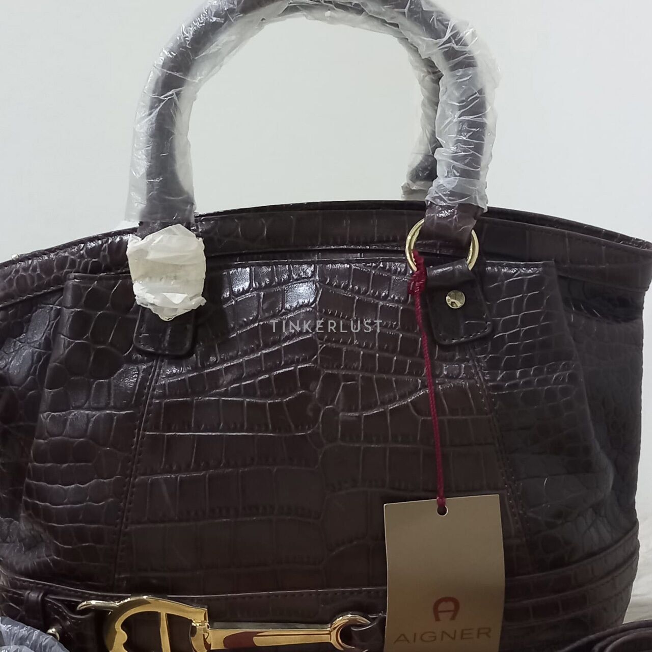 Aigner Brown Croco-Embossed Leather Satchel