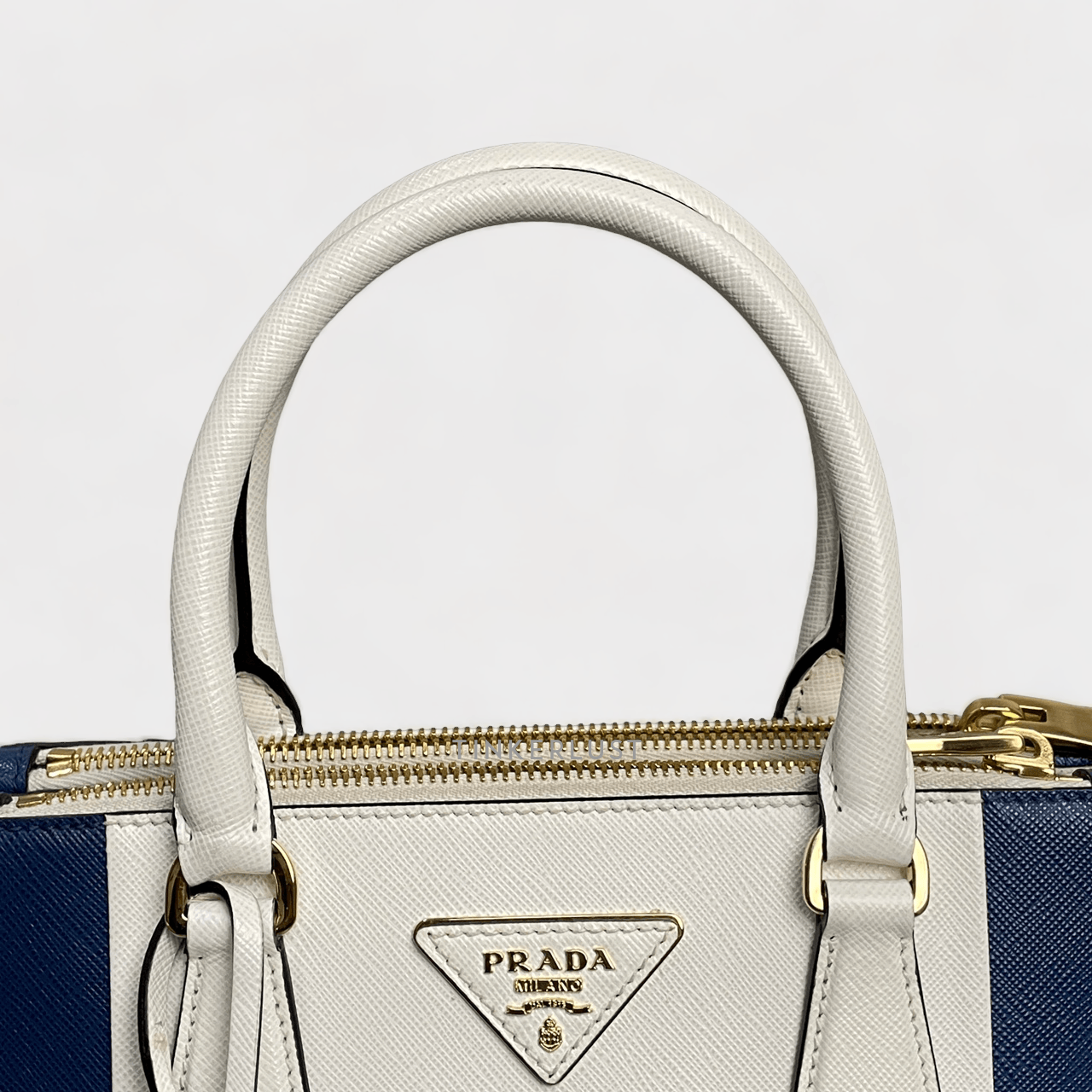 Prada Double Zip Mini Bluette Bian Saffiano Lux GHW Handbag