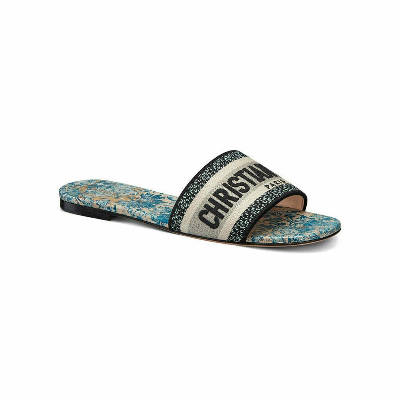 Dway Sandals Slide Toile de Jouy Embroidered Cotton Duck Blue Brocart Motif