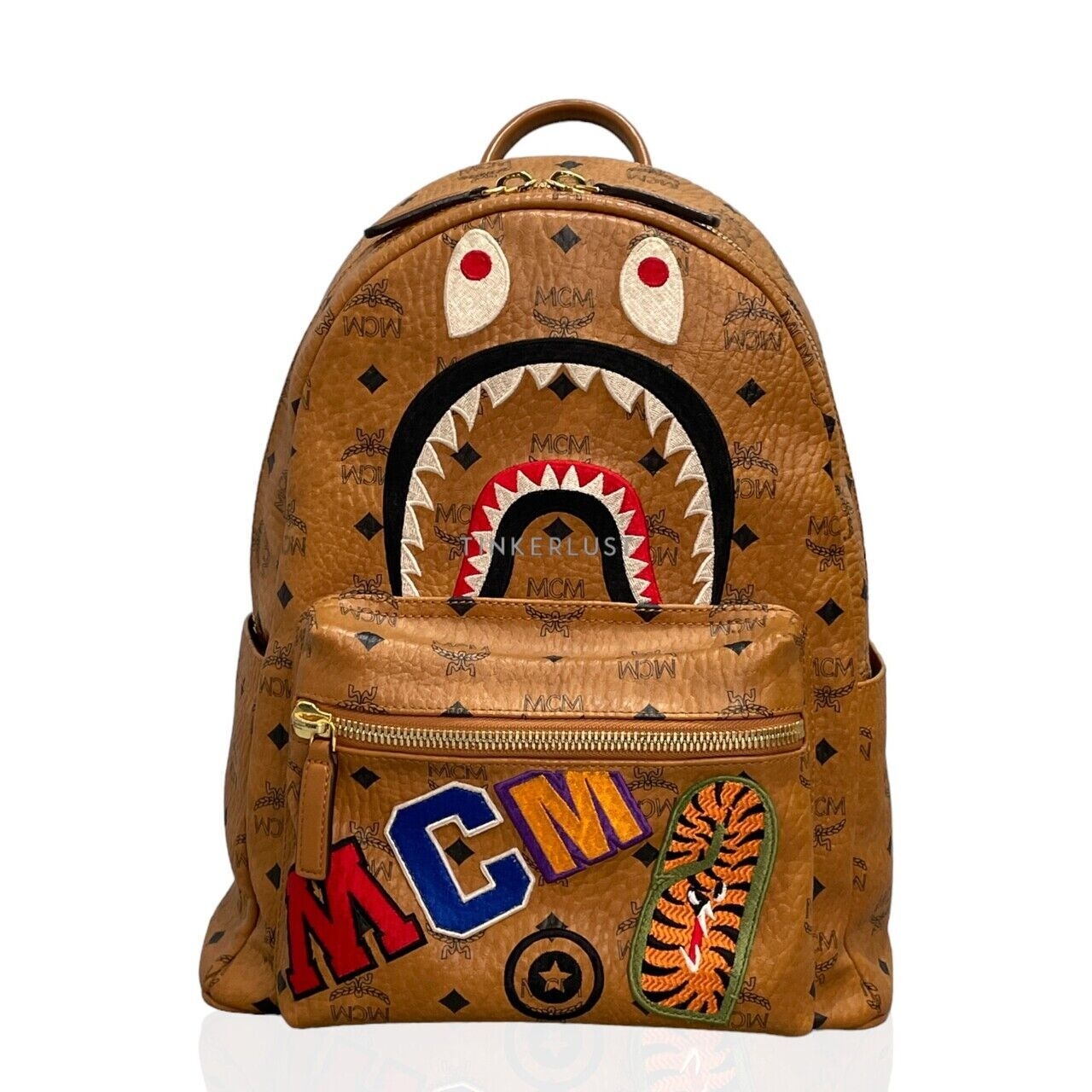 MCM x BAPE Shark Stark Visetos Cognac Leather Brown Backpack