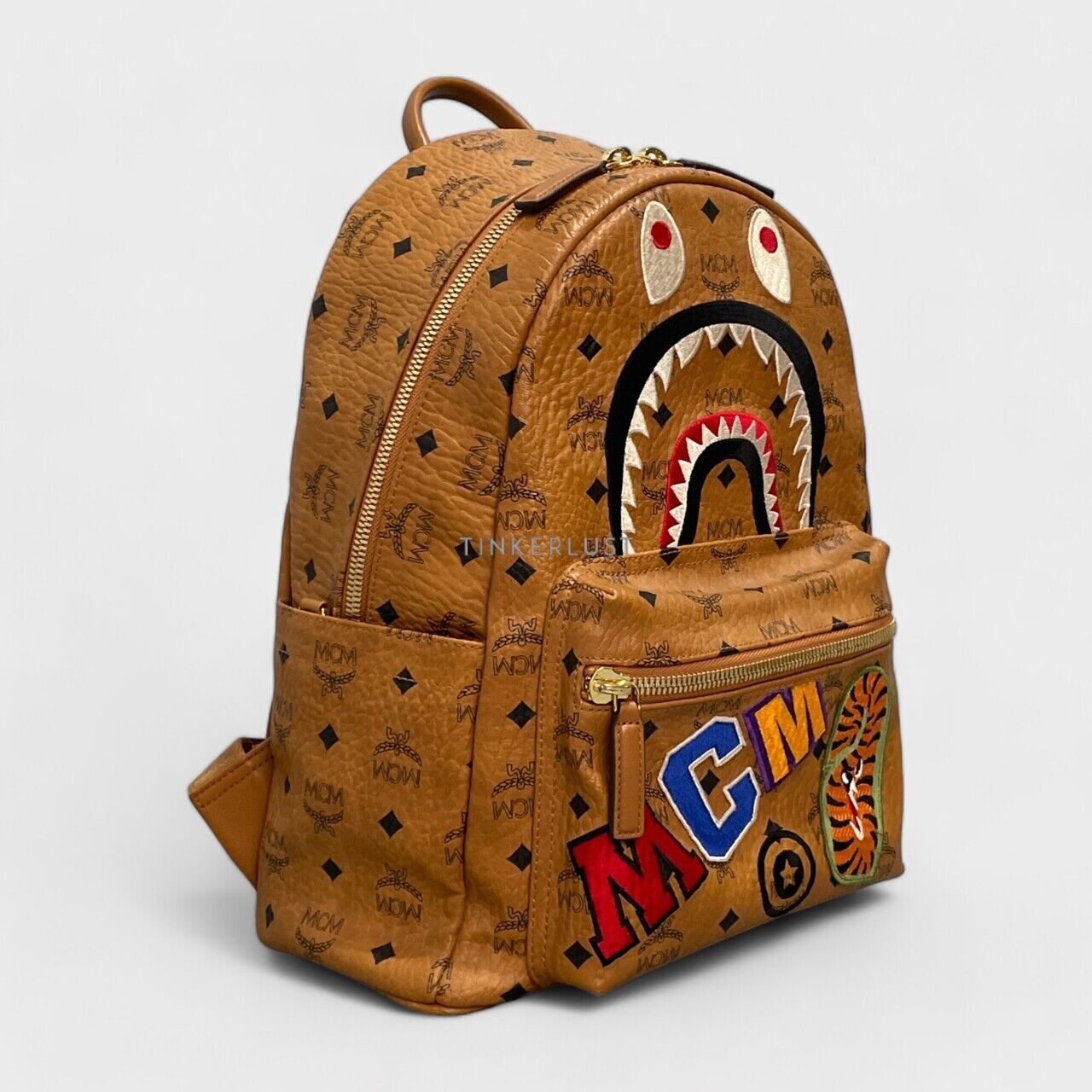 MCM x BAPE Shark Stark Visetos Cognac Leather Brown Backpack