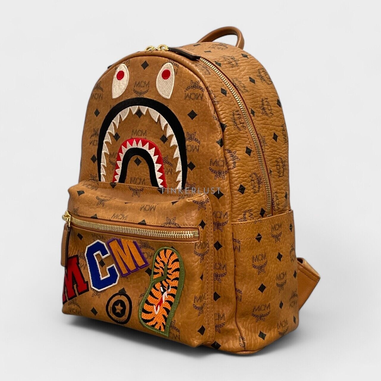 MCM x BAPE Shark Stark Visetos Cognac Leather Brown Backpack