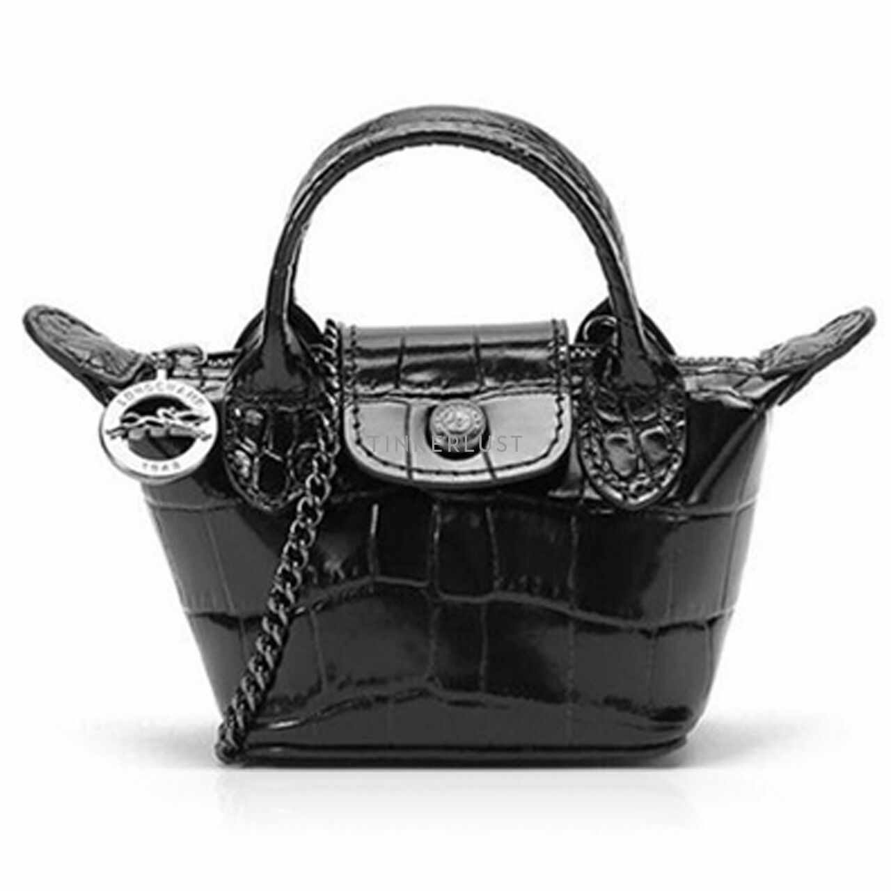 Longchamp Le Pliage Cuir Croco Extra Small Chain Black Satchel