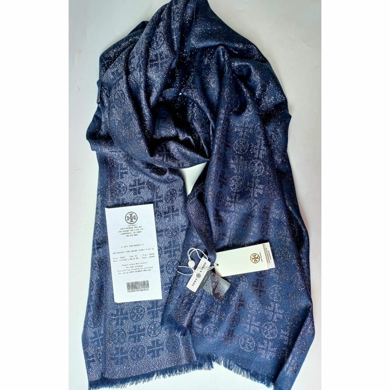 Tory Burch Lurex Traveler Oblong Scarf (Pashmina) Navy