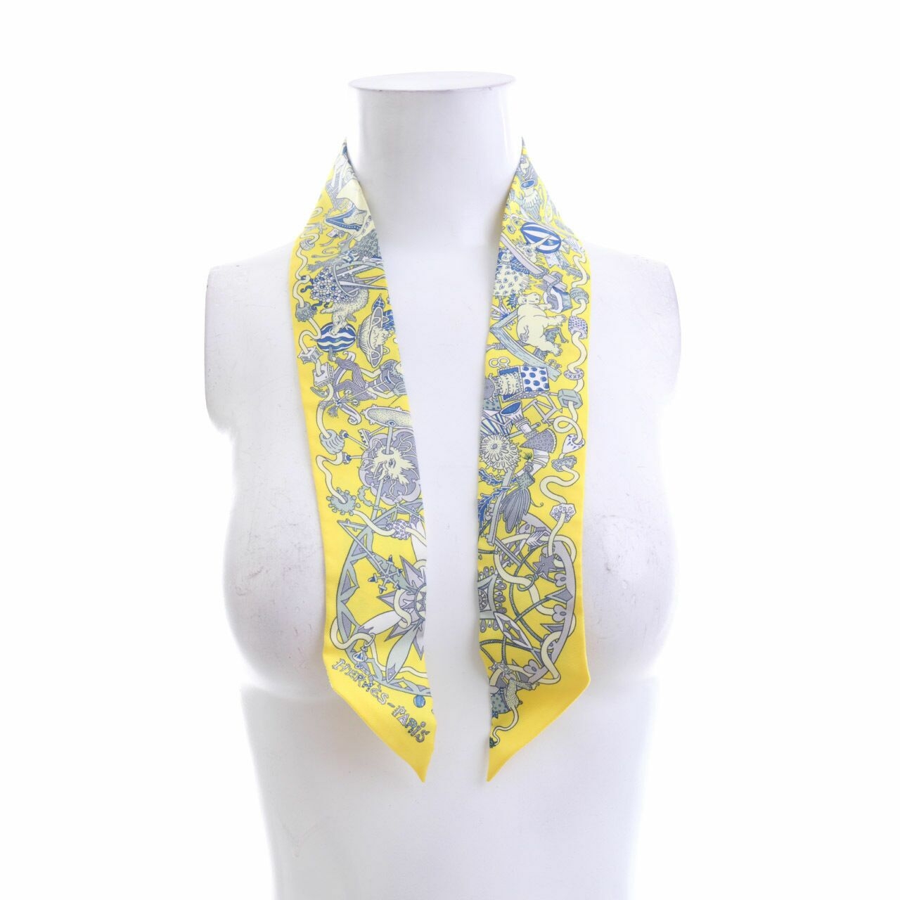 Hermes Yellow & Blue Twilly Twill Soie La Folle Parade Multi Pattern Scarf