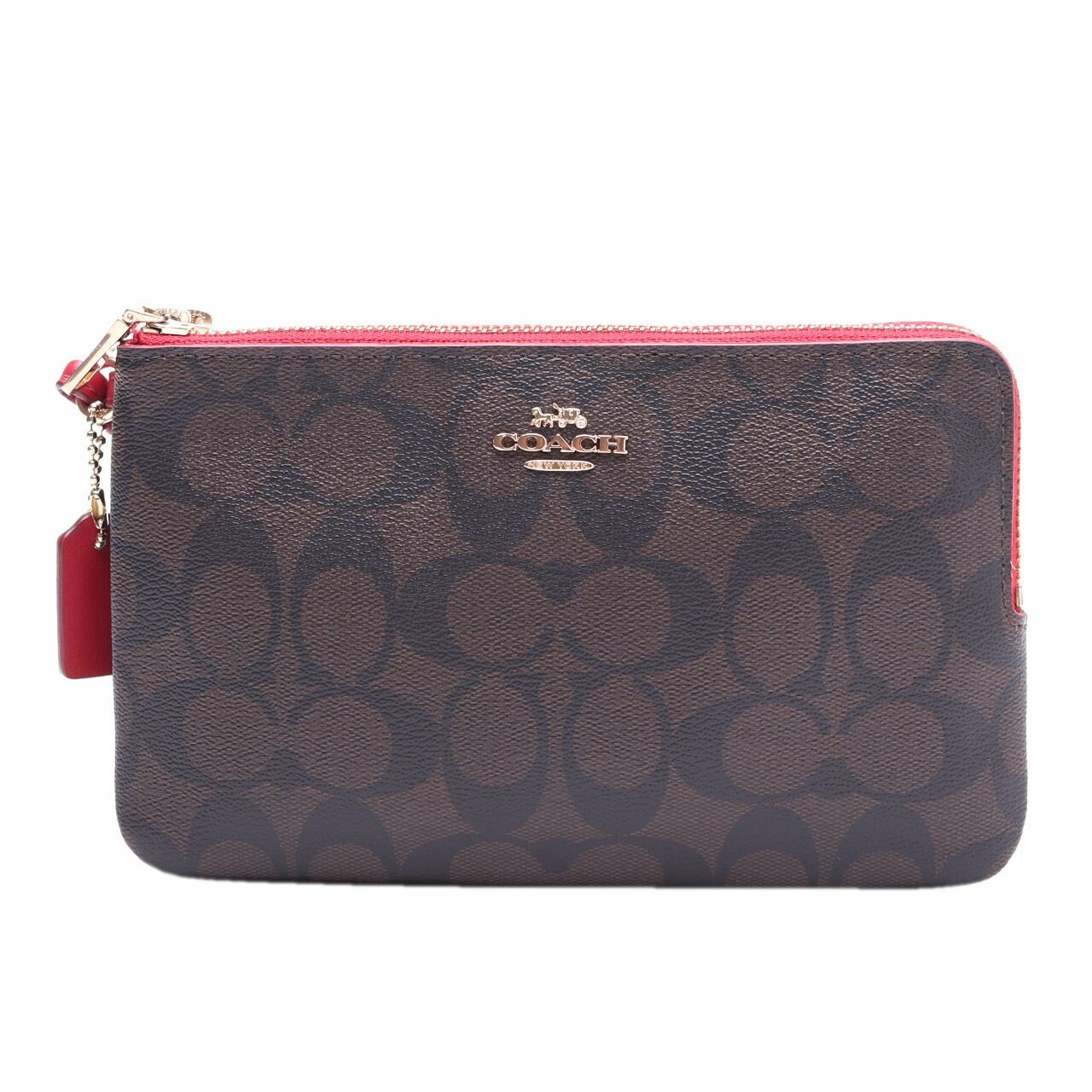 Coach Dark Brown & Red Signature PVC Double Zip Wallet Wristlet 