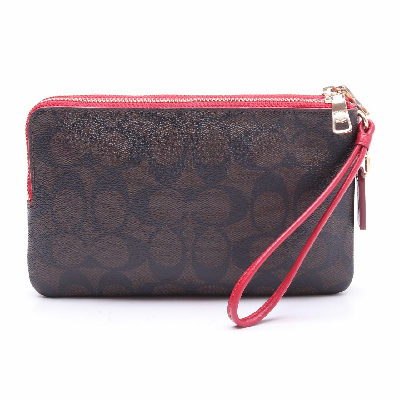 Coach Dark Brown & Red Signature PVC Double Zip Wallet Wristlet 