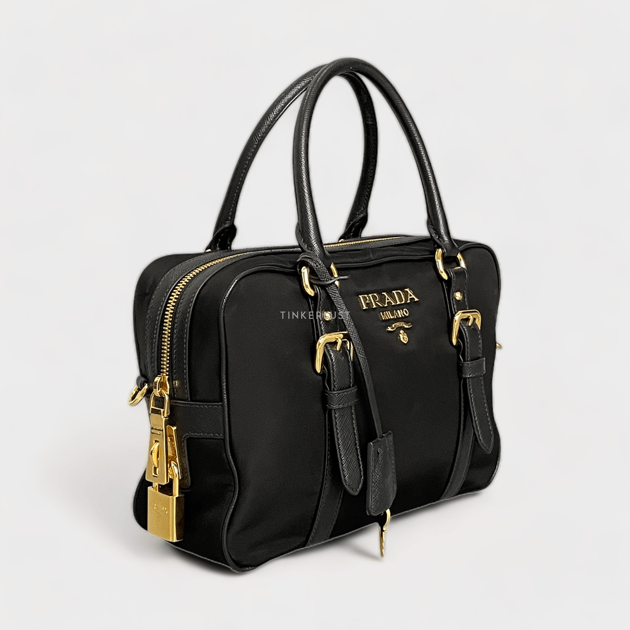  Prada Bauletto Tessuto Saffiano Nero Satchel Bag