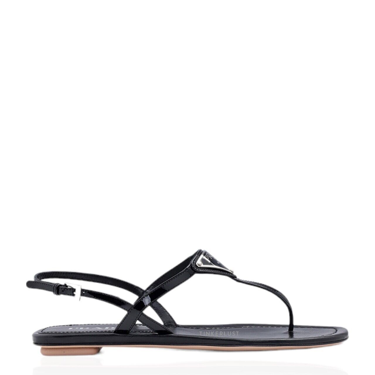 Prada Thong in Black Patent with Triangle Logo Sandals