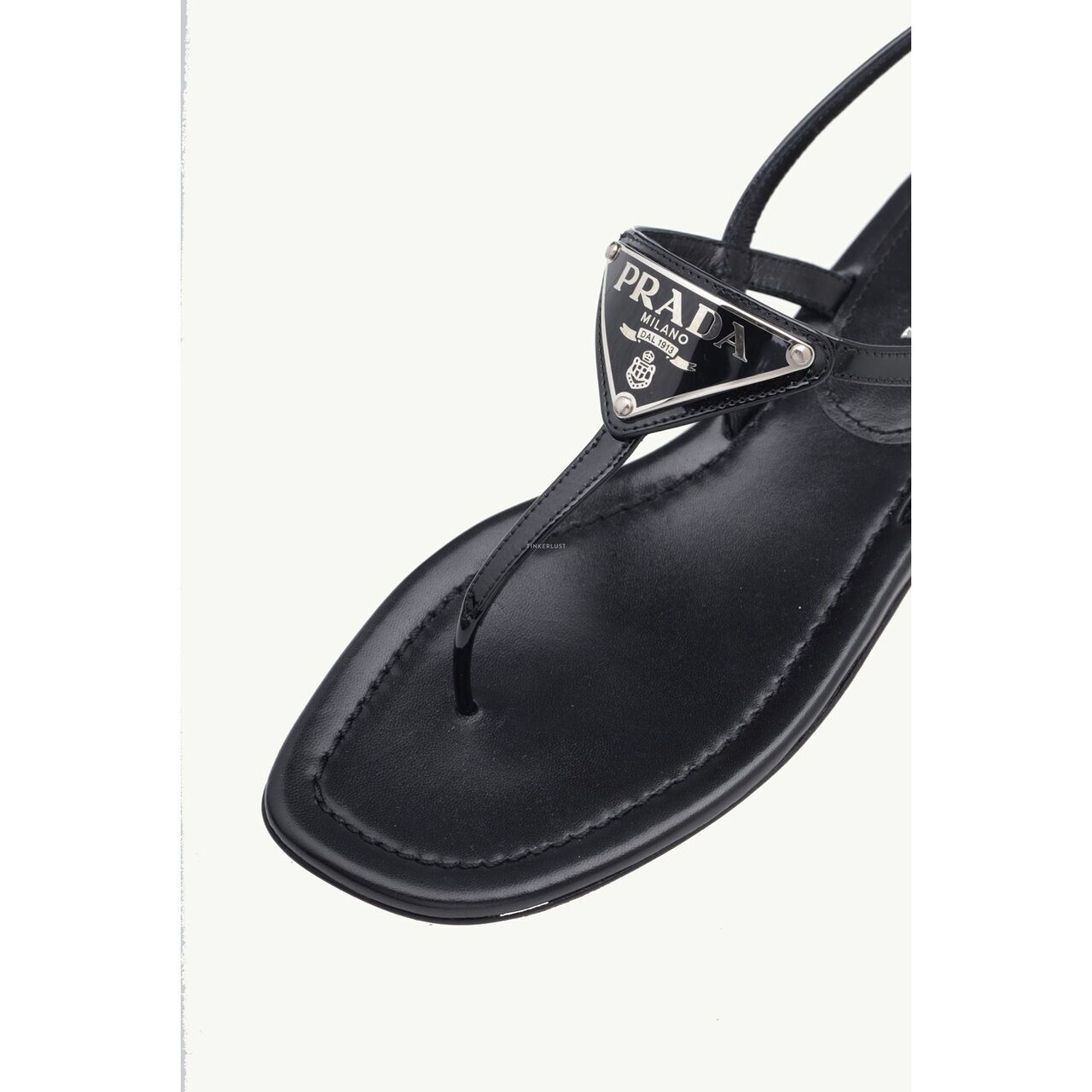 Prada Thong in Black Patent with Triangle Logo Sandals