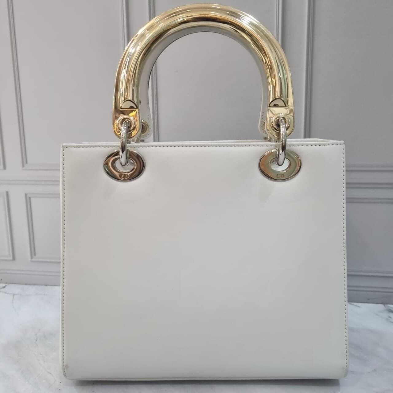 Christian Dior Lady Dior Limited Edition White Smooth Leather Badges SHW 2014 Satchel