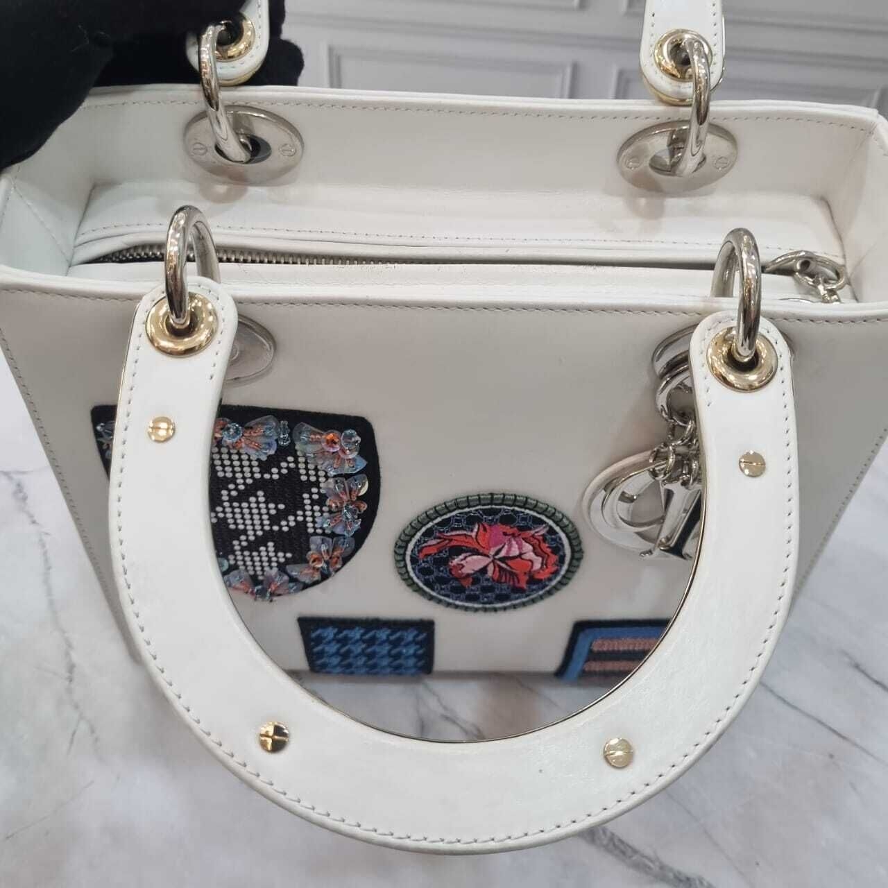 Christian Dior Lady Dior Limited Edition White Smooth Leather Badges SHW 2014 Satchel